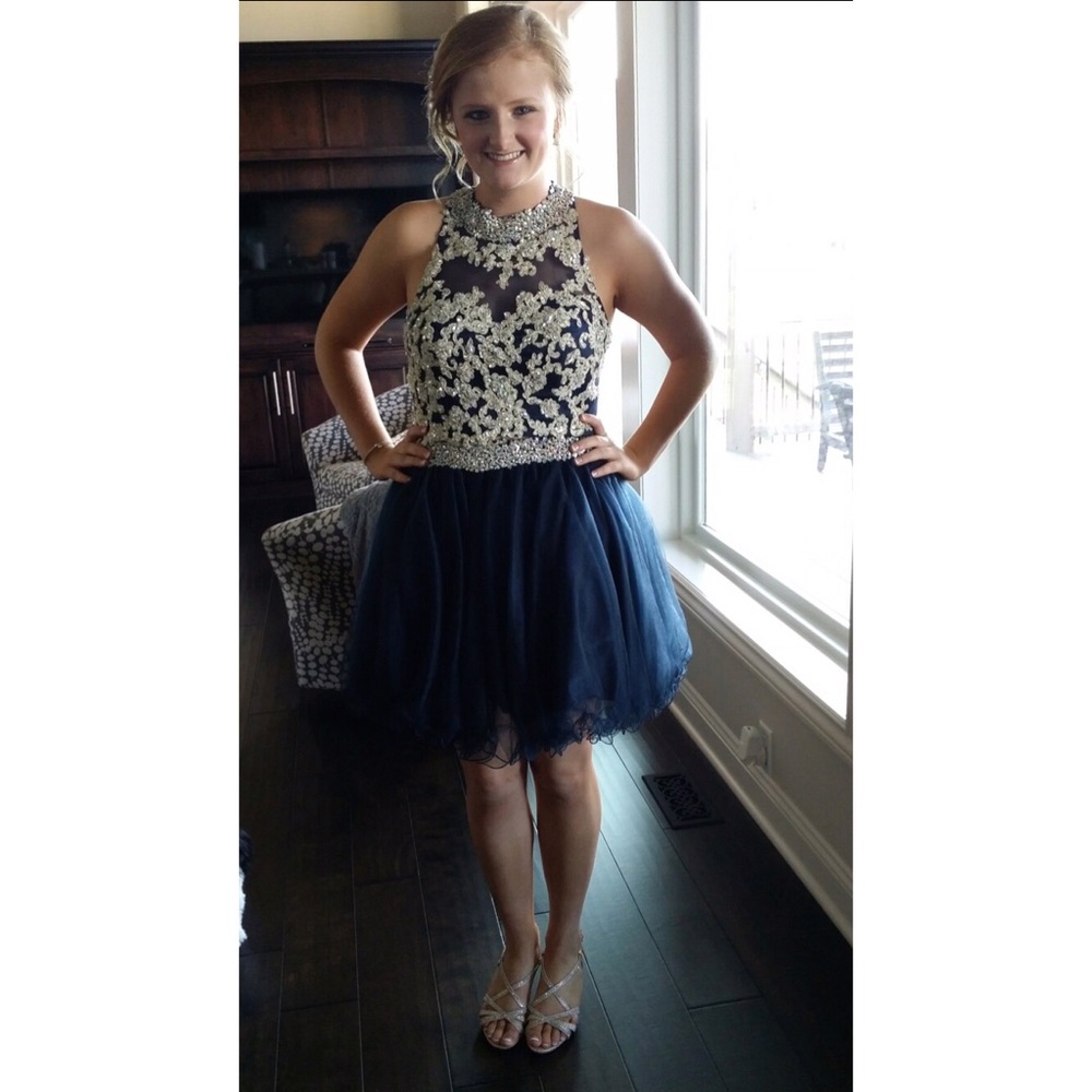 Alyce Paris Two Piece Navy Gold Homecoming Dress
